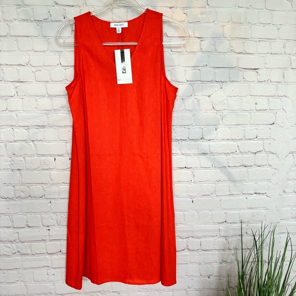 NINE WEST Gina Trapeze Linen Blend Orange V-Neck Sleeveless Dress--10 - Picture 4 of 12